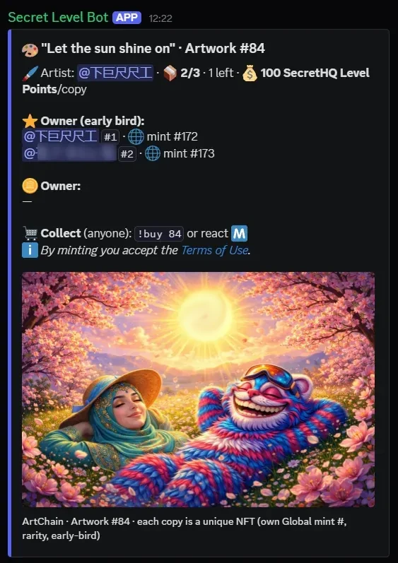 A Secret Art Chain NFT mint card for an AI artwork